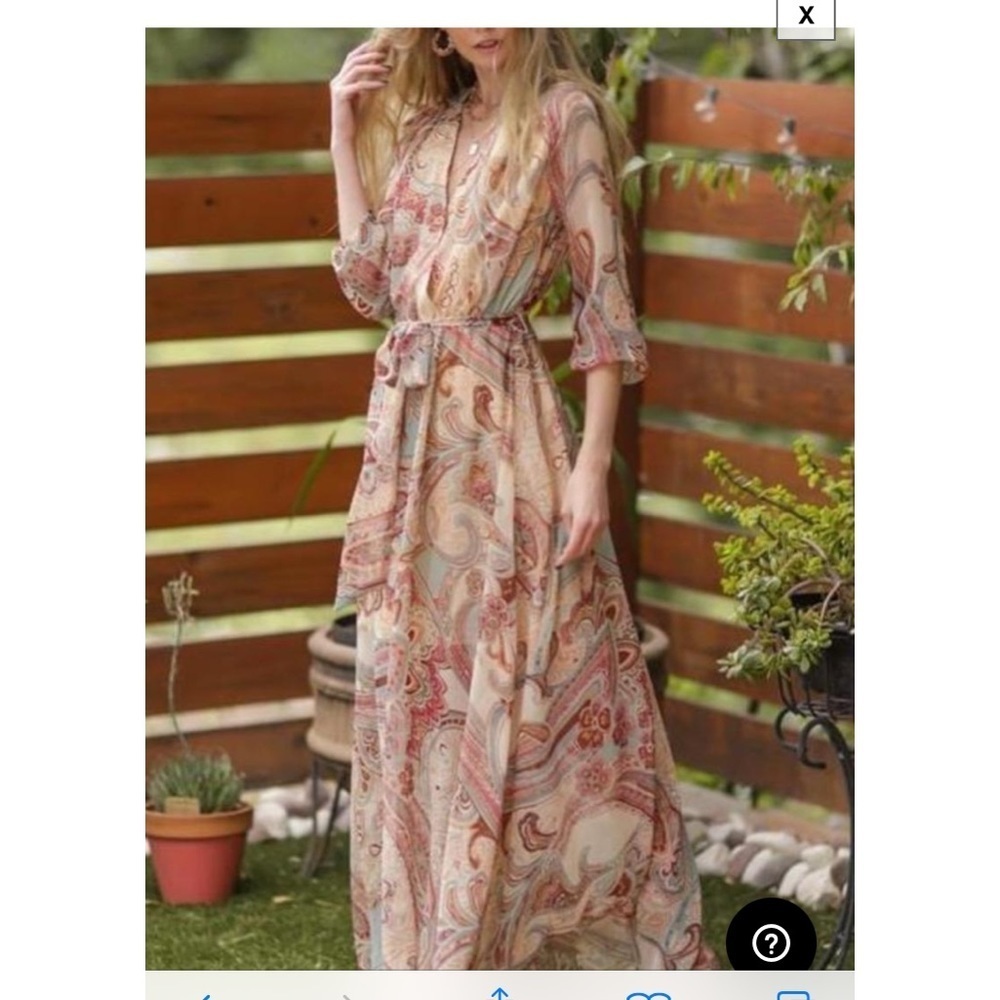 Aakaa paisley jewel tone flowing tie waist maxi gown faux wrap w snap boho